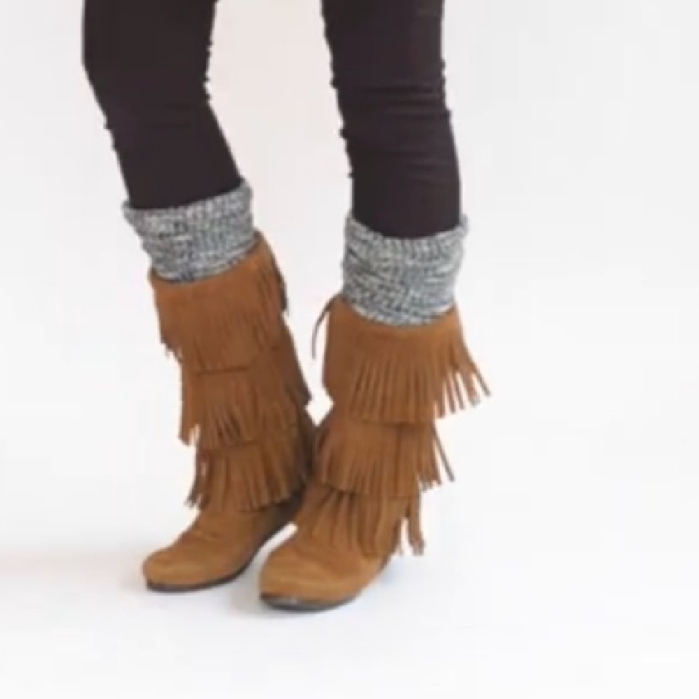 Womens Minnetonka Moccasins 3 Layer Fringe Mid Calf Boots Brown Suede Size 6